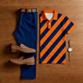 Men's Casual Color Matching Striped Short Sleeved Polo Shirt & Trousers Two-Piece Set