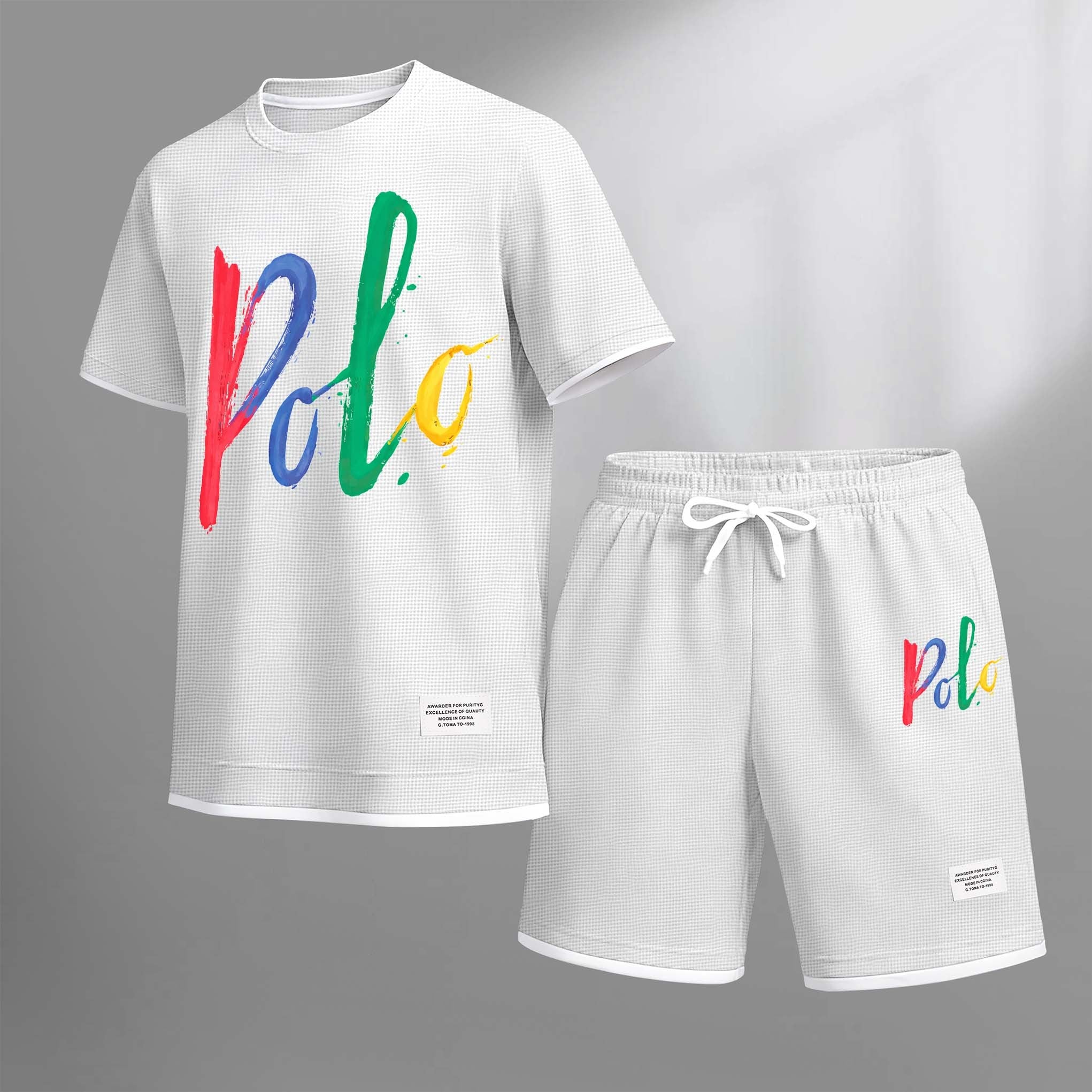 Men's Polo Print Drawstring Shorts Set For Spring/Summer. A Casual Summer Outfit, Including A Short-Sleeved Shirt And Shorts, Suitable For Everyday Wear And Sports. A Two-Piece Set For A Relaxed And Energetic Lifestyle.