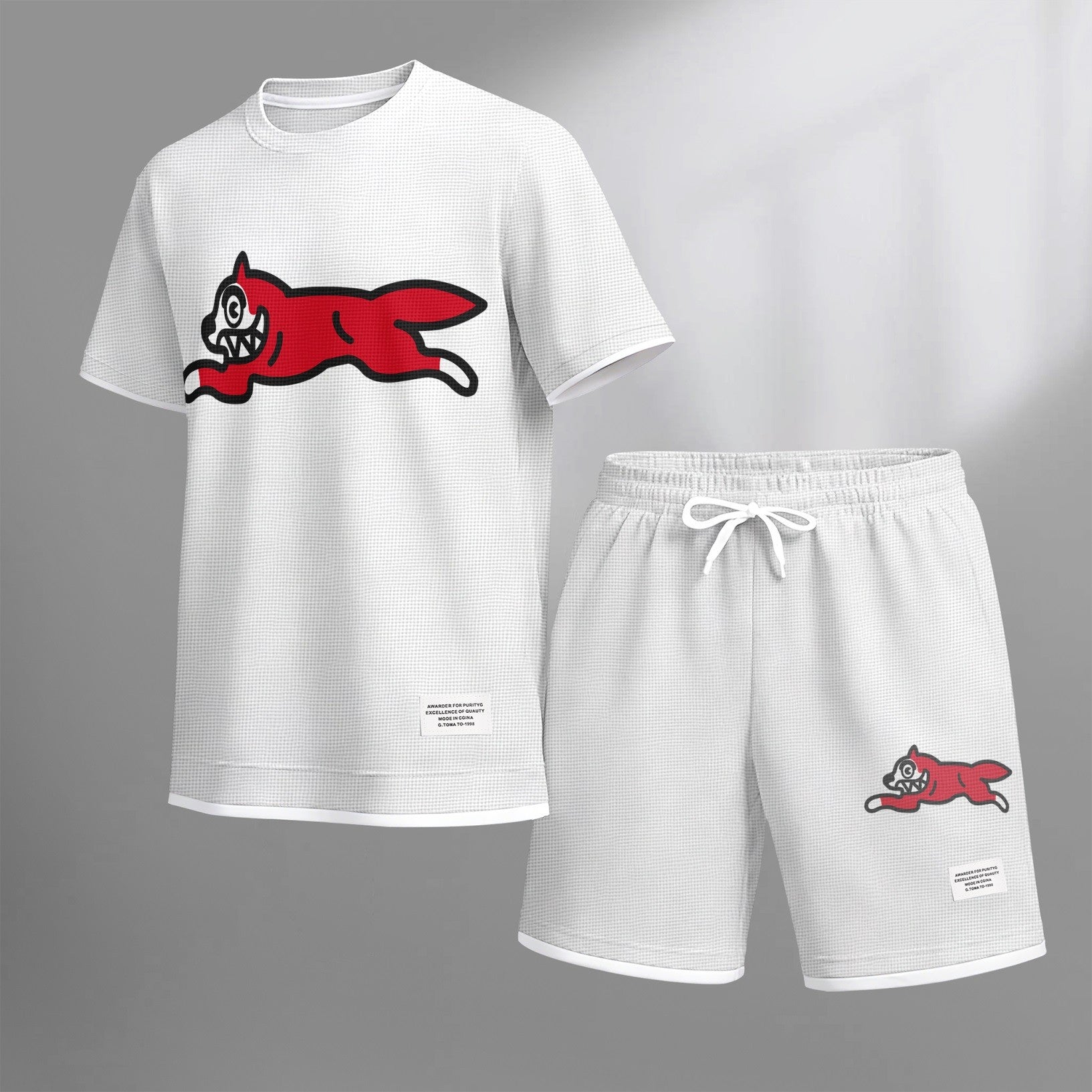 Men's Running Dog print drawstring shorts set for spring/summer, a casual summer outfit including a short-sleeved shirt and shorts, suitable for everyday wear and sports. A two-piece set for a relaxed and energetic lifestyle.
