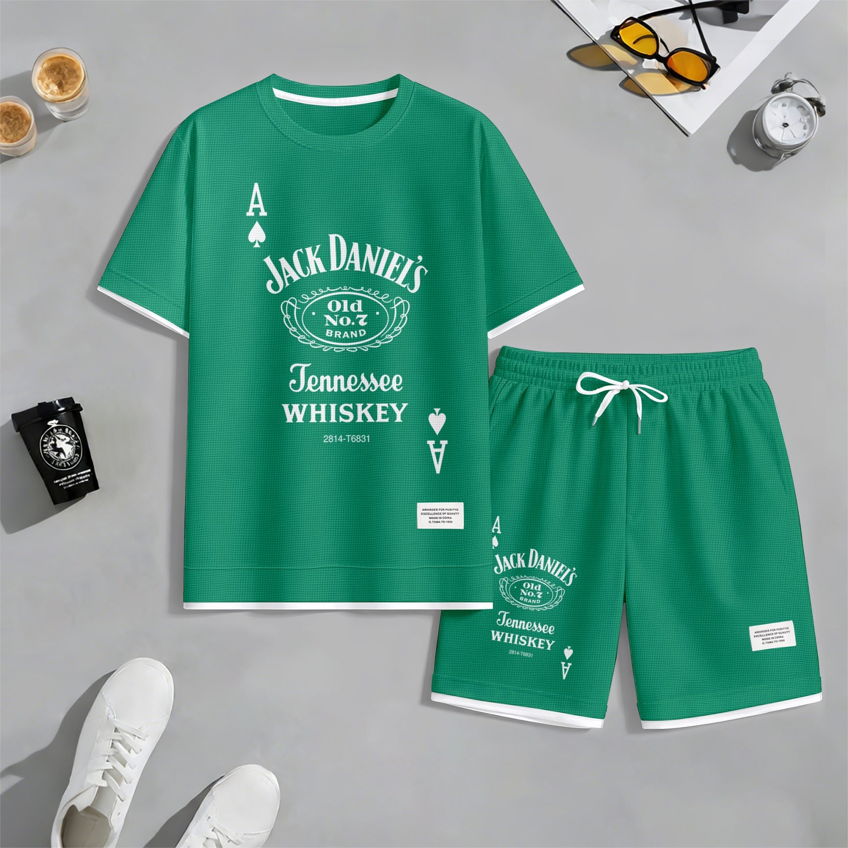 Men's Beer And Beverage Printed Drawstring Shorts Set, Suitable For Spring And Summer Wear, Casual Summer Set, Including Short-Sleeved Shirt And Shorts, Suitable For Everyday Wear And Sports 013