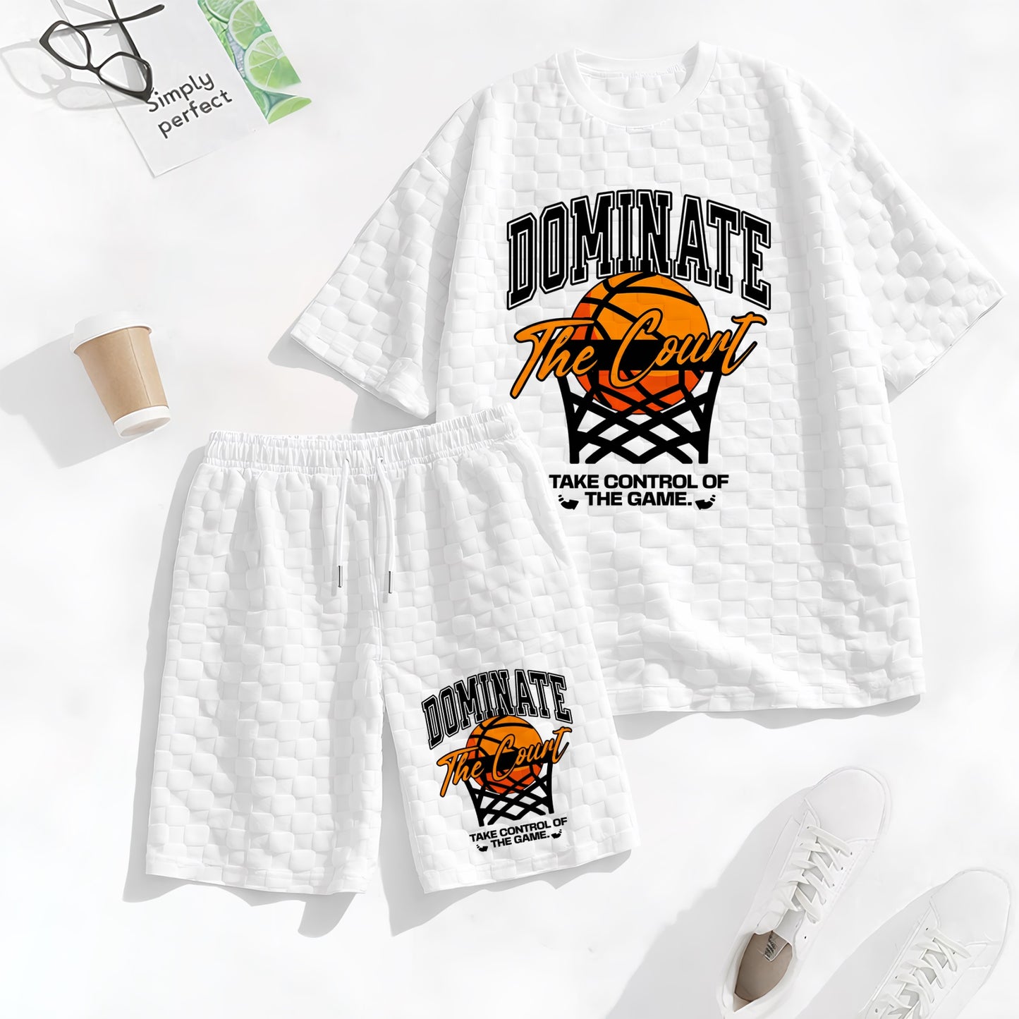 Men's Basketball Print Spring And Summer Drawstring Shorts Set, A Casual Summer Outfit, Including A Short-Sleeved Shirt And Shorts, Suitable For Everyday Wear And Sports Activities.