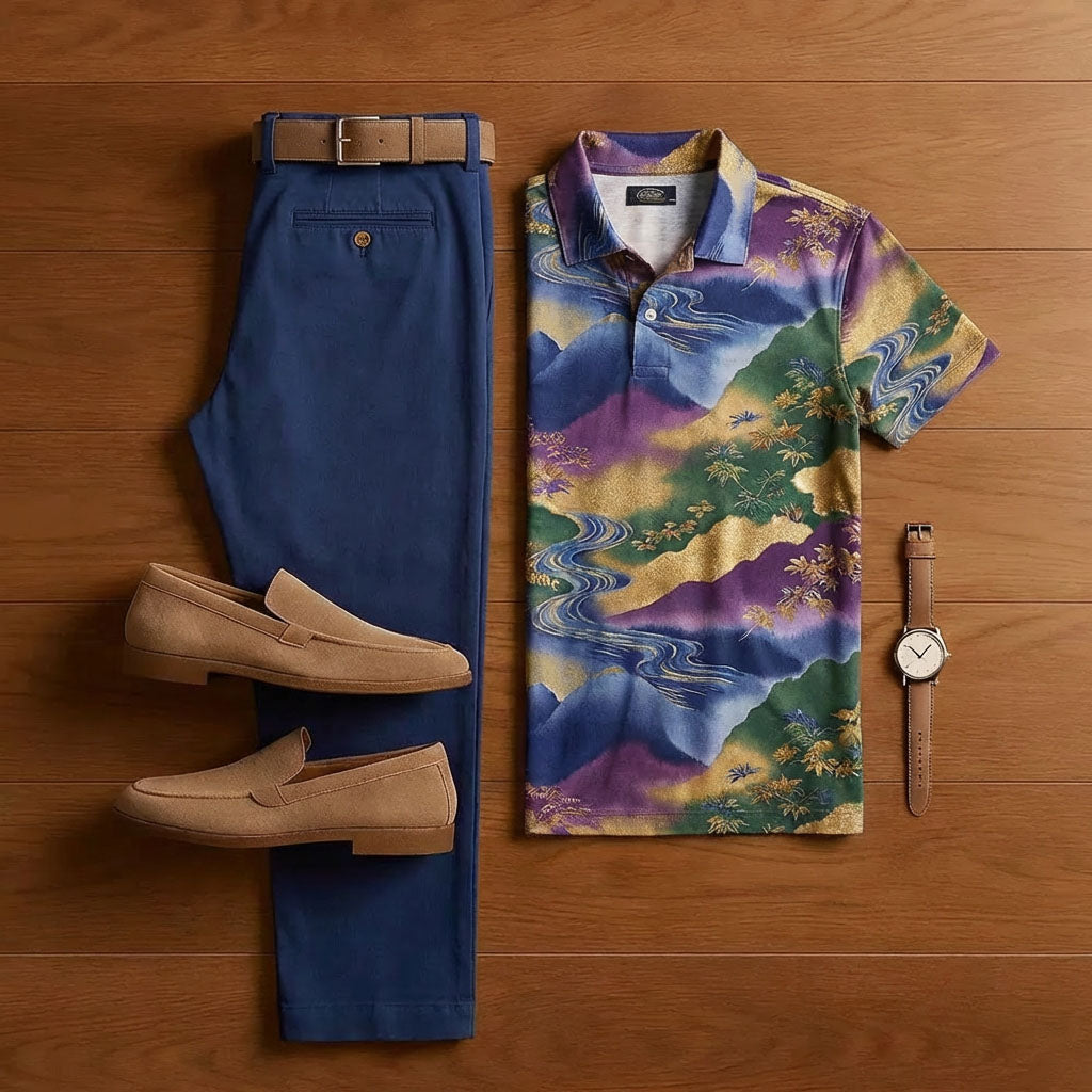 Men's Casual Dark Blue Color-Blocked Printed Short-Sleeved Shirt And Trousers Two-Piece Set