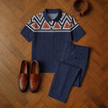 Men's Casual Navy Blue & Brown Color Matching Ethnic Style Printed Short Sleeved Polo Shirt & Trousers Two-Piece Set