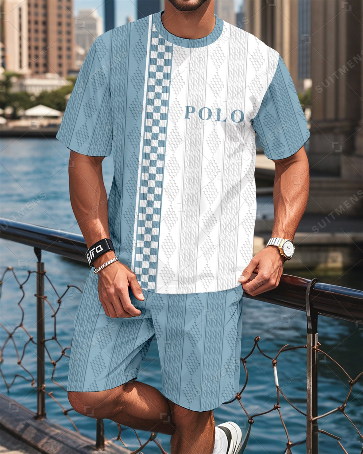 Men's Colorblock Round Neck Jacquard Texture Print Shorts Set  005