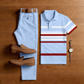 Men's Casual Sky Blue Geometric Pattern Printed Polo Shirt And Pants Two-Piece Set
