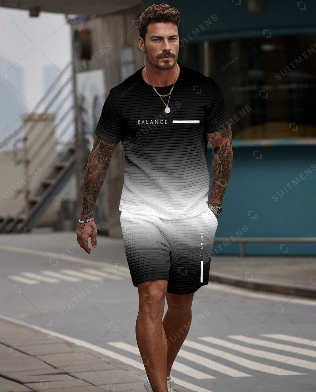Men's Casual Waffle Textured Summer Round Neck Short Sleeve Shorts Set 0023