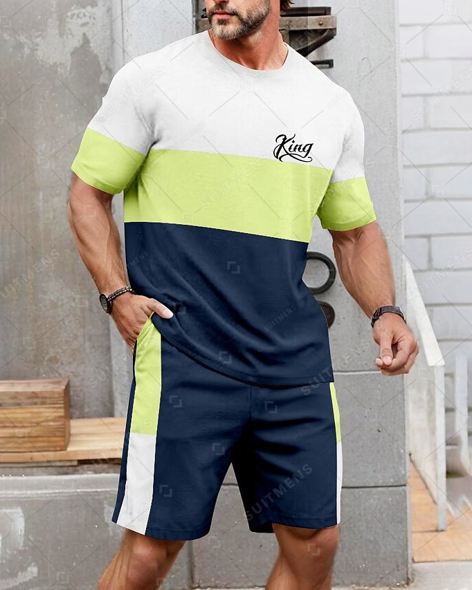Men's Summer Color Matching Print Round Neck Set 231