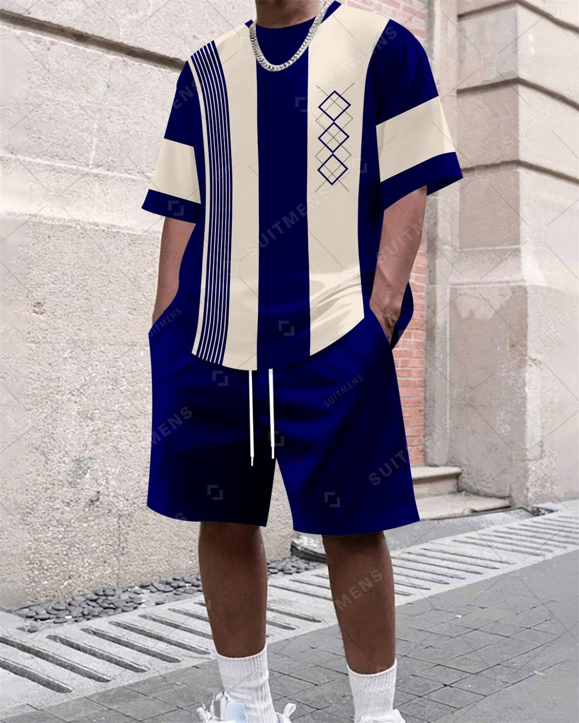 Men's Summer Colorblock Printed Round Neck Set 381