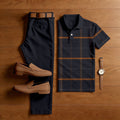 Men's Casual Black Plaid Printed Polo Shirt And Trousers Two-Piece Set