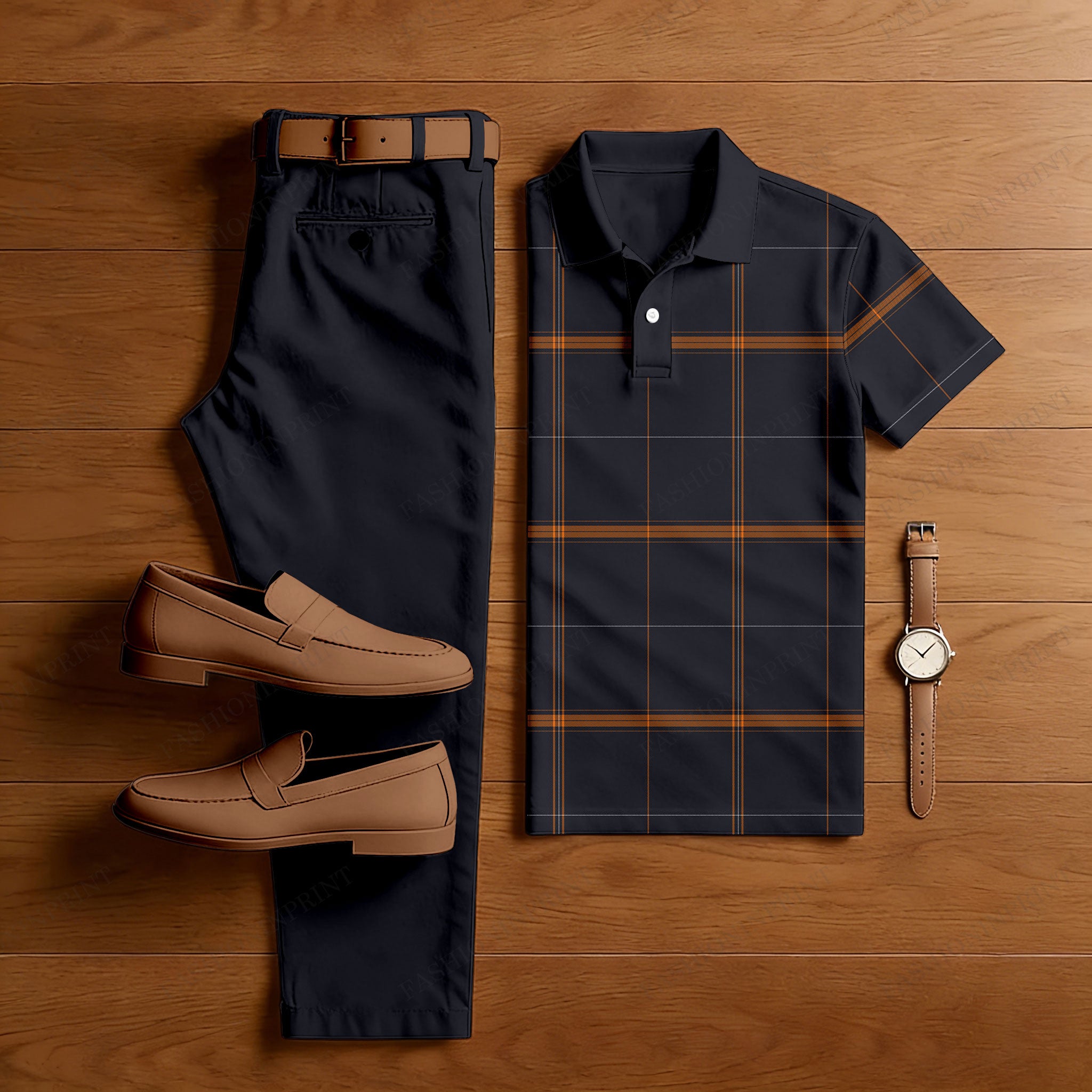 Men's Casual Black Plaid Printed Polo Shirt And Trousers Two-Piece Set