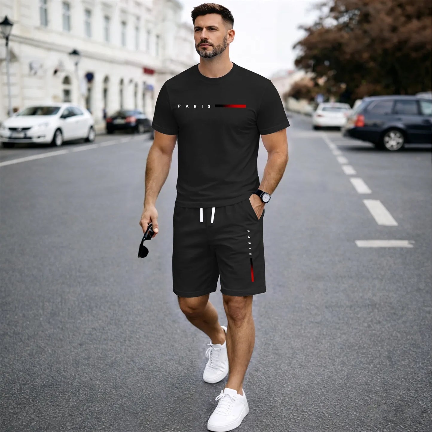 Men’s Summer 2 Piece Set, PARIS Letter Print Short Sleeve T Shirt and Drawstring Shorts Matching Outfit, Lightweight Breathable Casual Set for Travel, Streetwear, Beach, Vacation, and Daily Wear