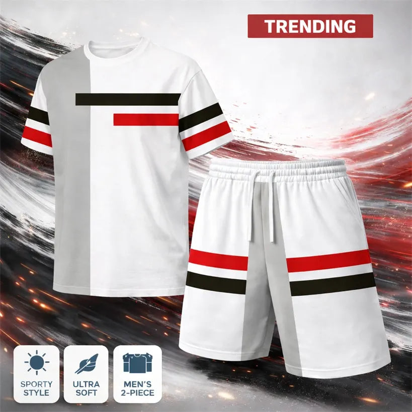 Men’s Summer 2 Piece Shorts Set, Color Block Short Sleeve T Shirt and Drawstring Shorts Matching Outfit, Lightweight Breathable Casual Tracksuit for Daily Wear, Streetwear, Vacation, Travel, Beach, Workout and Lounging