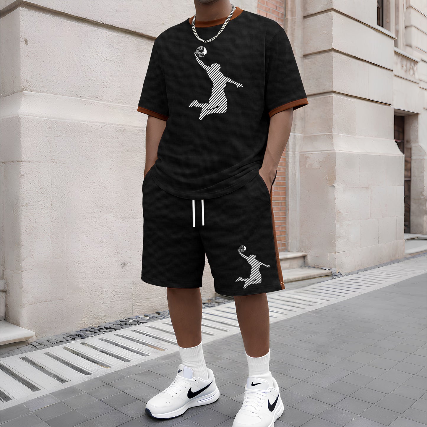 Men's Basketball Pattern Short-Sleeve T-Shirt and Drawstring Shorts Set, Men's Clothing, Casual Sporty Short-Sleeve Top and Shorts, Summer Men's Everyday Wear, Indoor and Outdoor Sportswear, Athletic Set