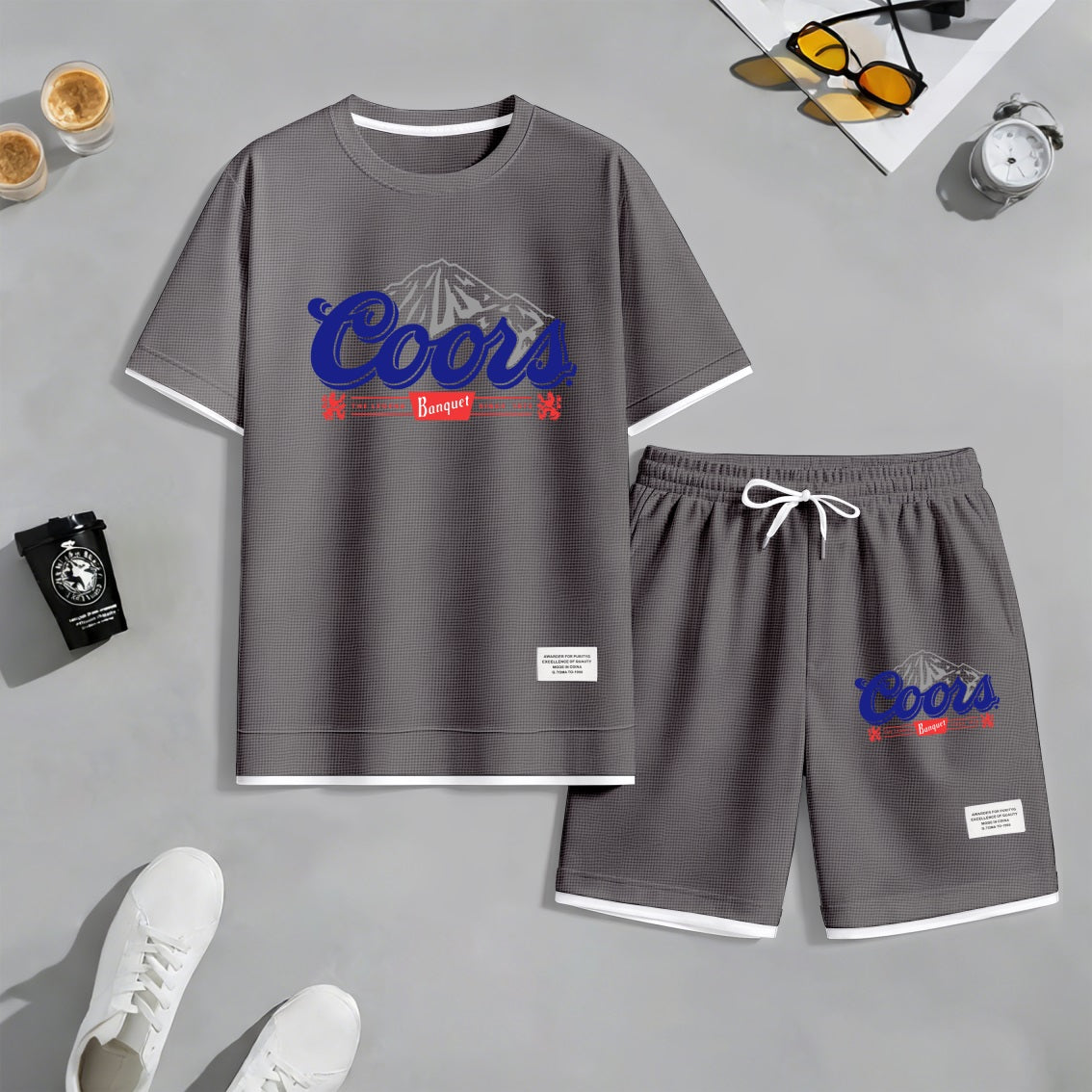 Men's American Beer Print Waffle Fabric Short-Sleeved Shirt And Shorts Set