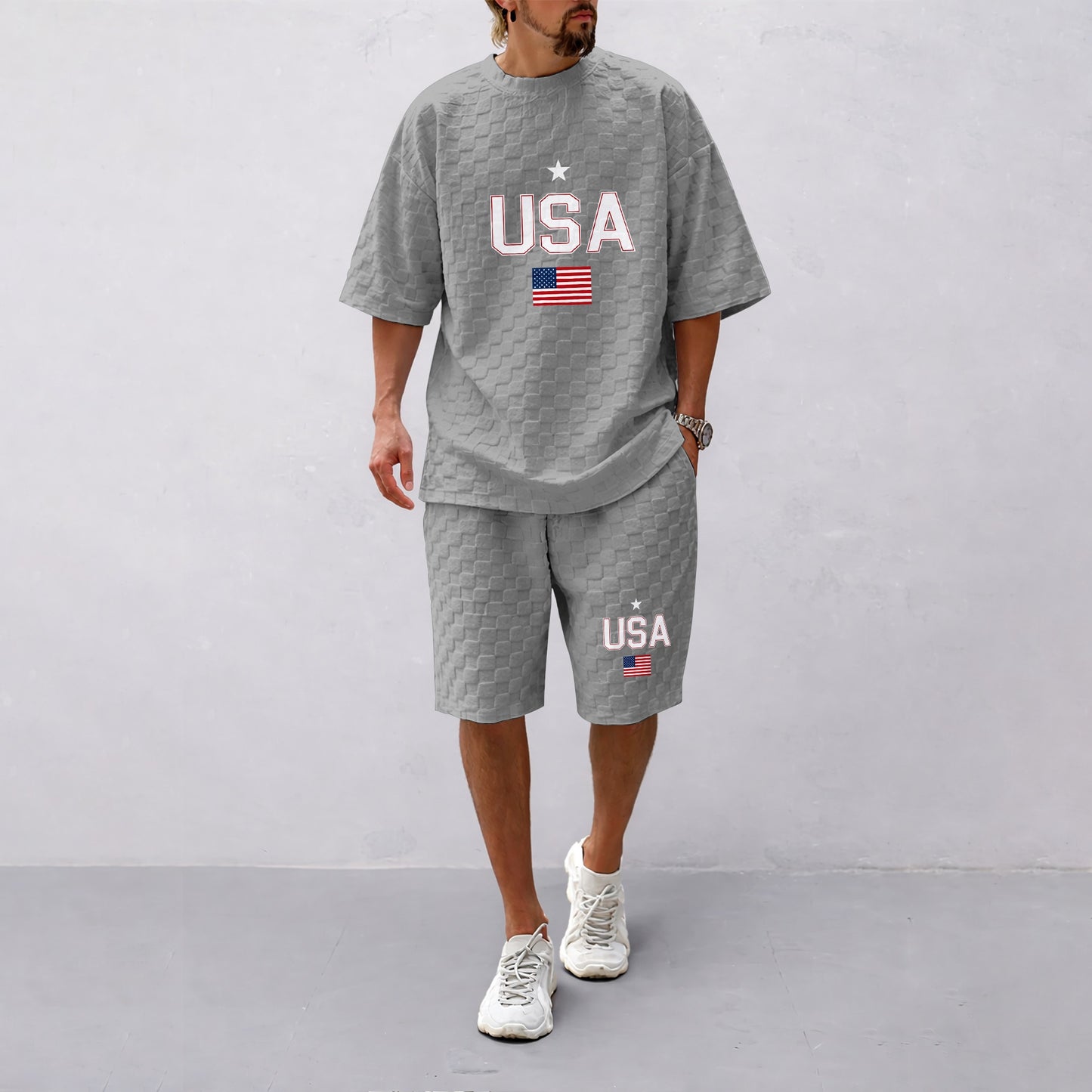 Men's Spring and Summer USA Letter Print with Flag Checkered Fabric Drawstring Shorts Set, Casual Summer Outfit with Short-Sleeved Shirt and Shorts, Ideal for Everyday Wear and Sports Activities