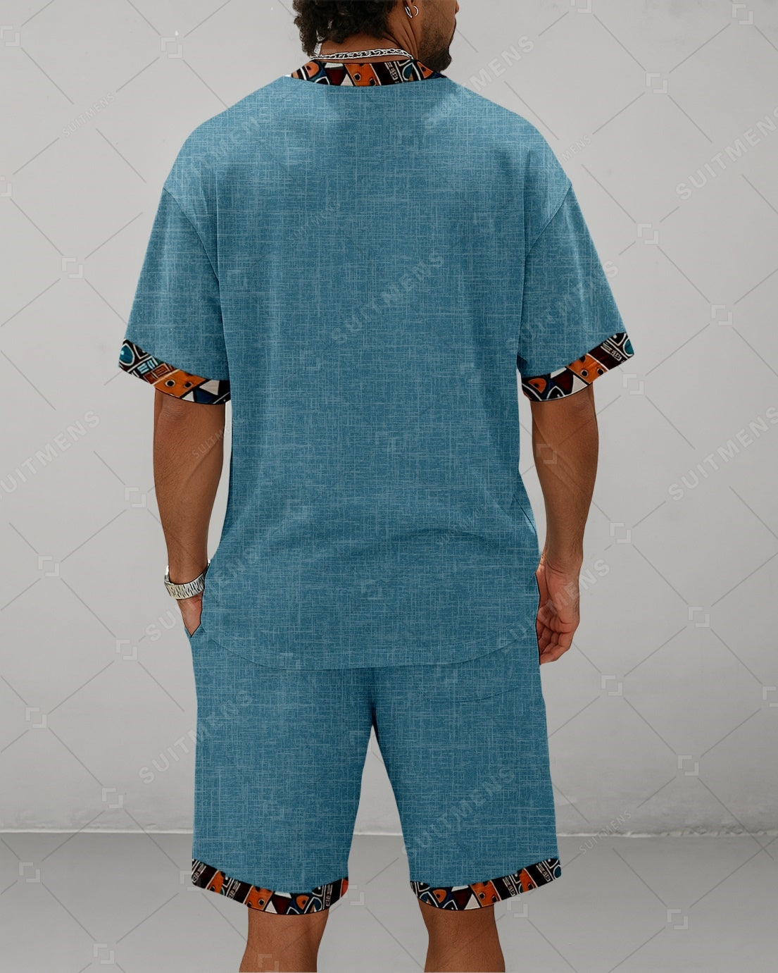 Men's Summer Colorblock Printed Round Neck Suit 085