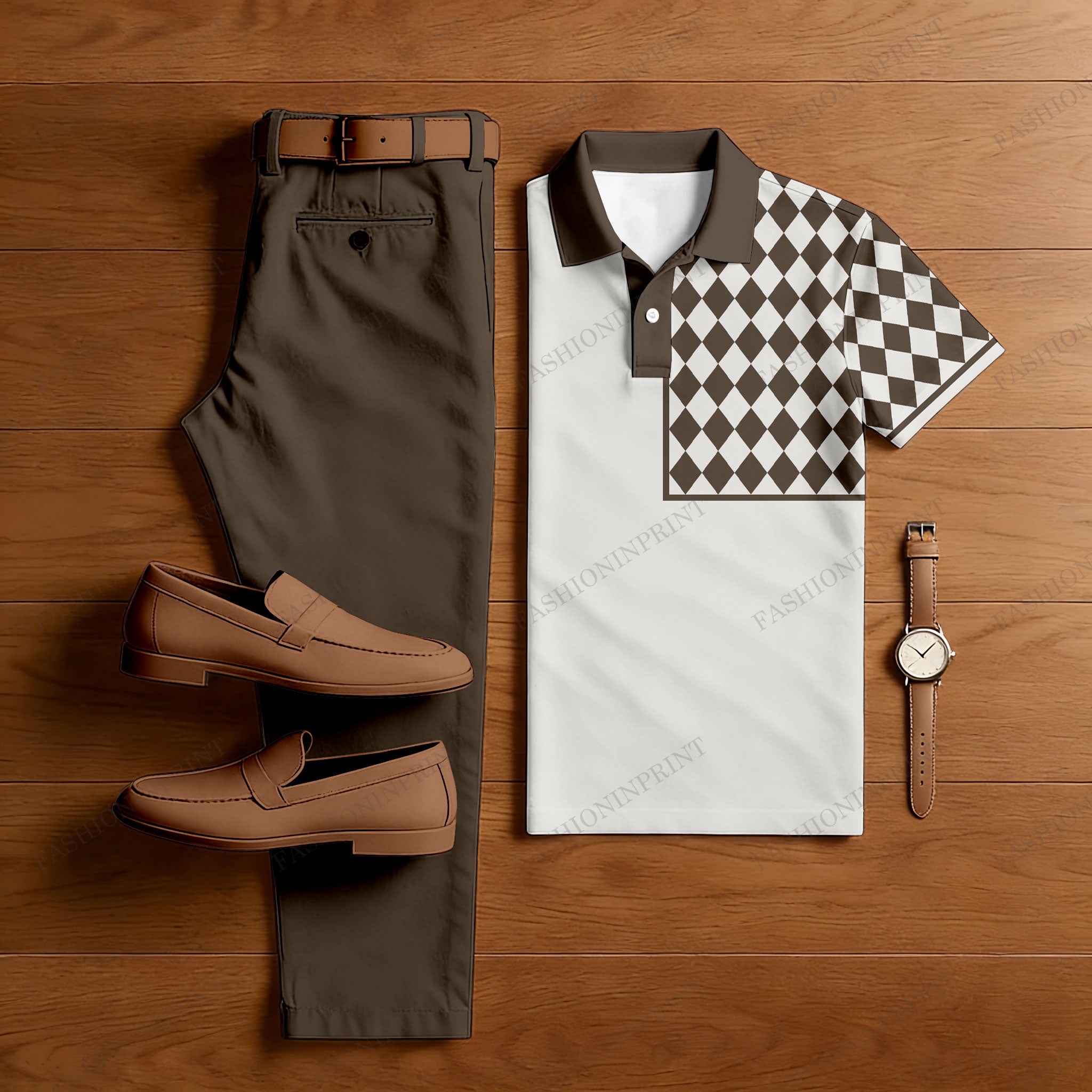 Men's Casual Brown & White Color Matching Geometric Printed Short Sleeved Polo Shirt & Trousers Two-Piece Set