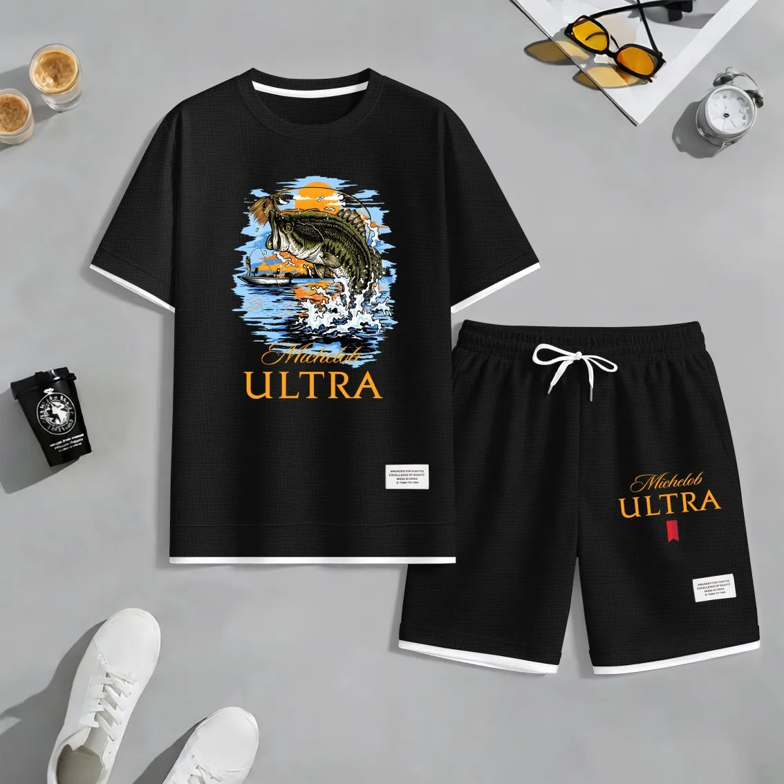 Men's Largemouth Bass Fishing Beer Print Waffle Fabric Short-Sleeved Shirt And Shorts Set