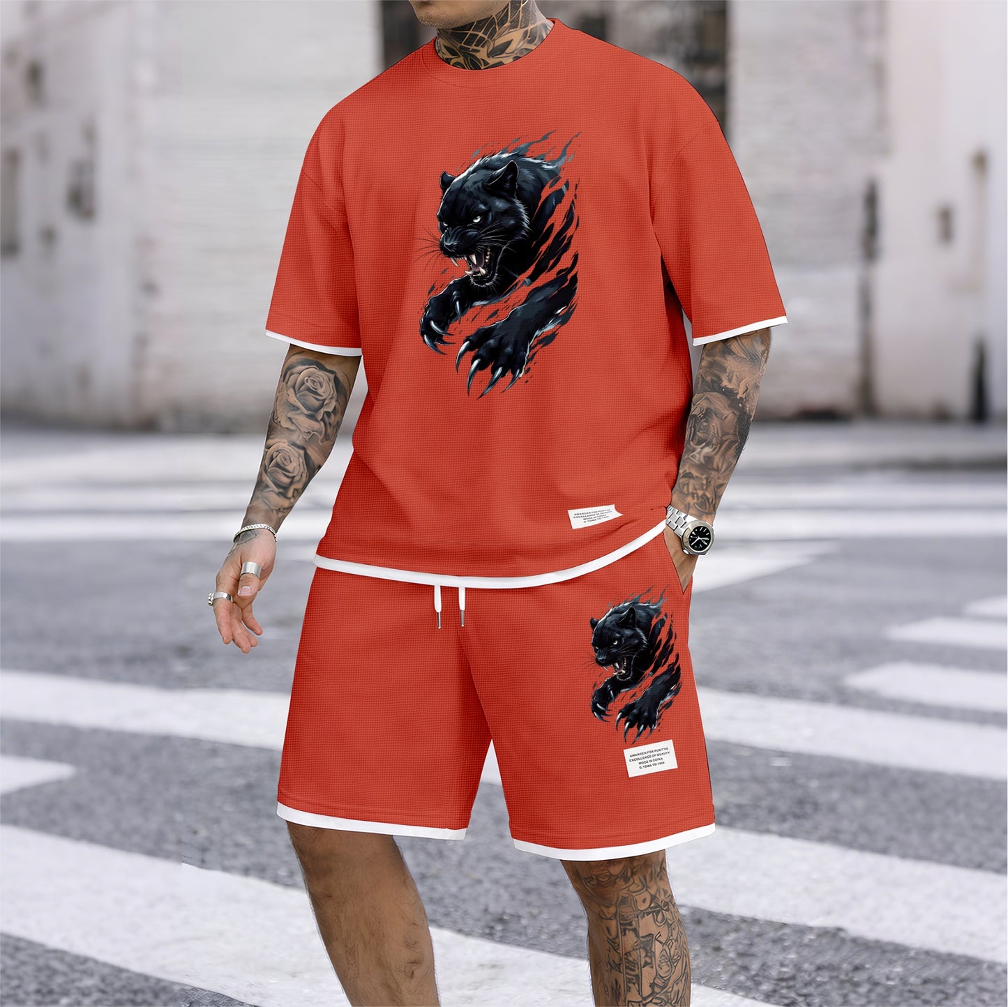 Men's Black Panther Graphic Print Waffle Short Sleeve T-Shirt & Shorts Set, Summer Lightweight Sporty Casual Two-Piece Outfit, Streetwear for Gym & Daily Wear