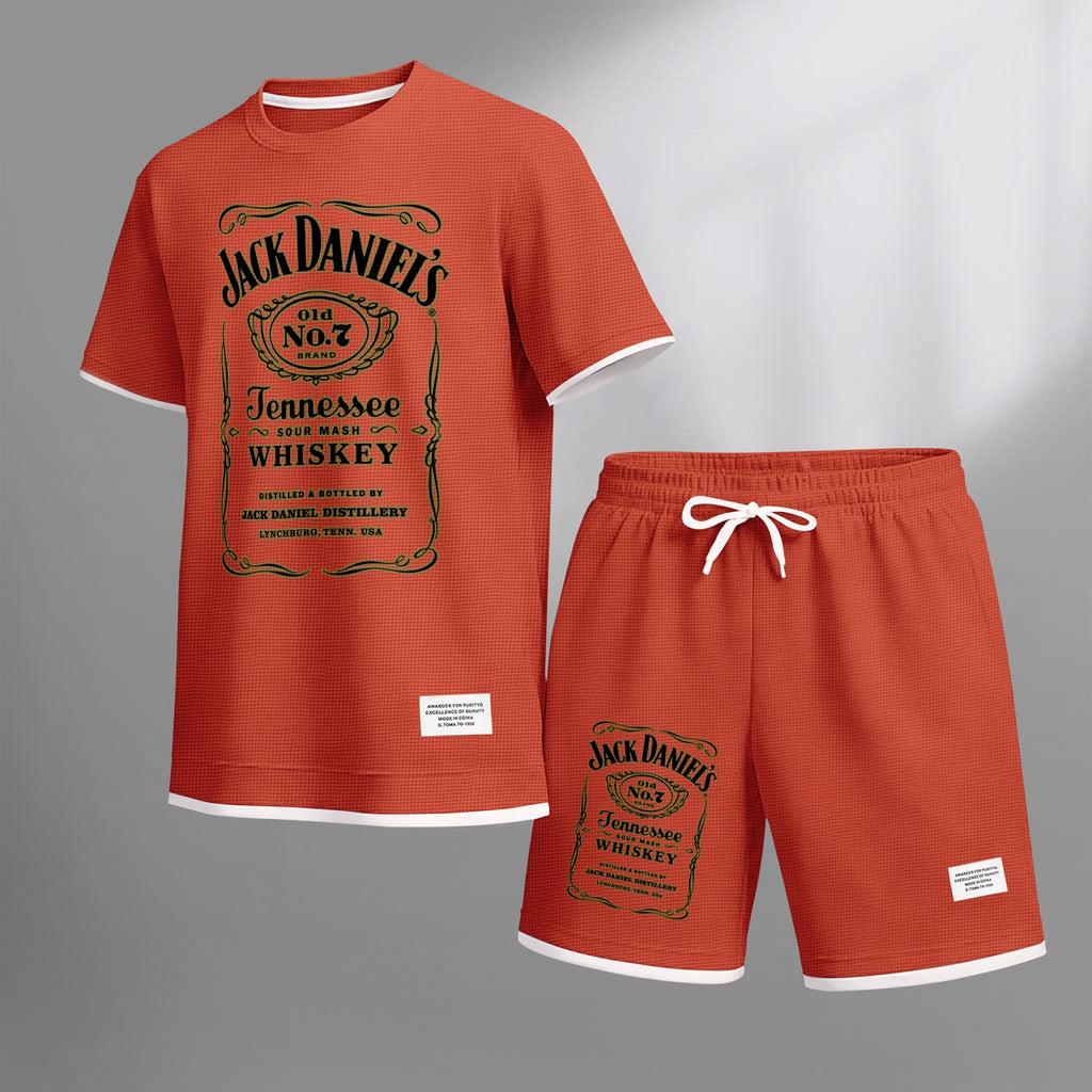 Men's Beer And Beverage Printed Drawstring Shorts Set, Suitable For Spring And Summer Wear, Casual Summer Set, Including Short-Sleeved Shirt And Shorts, Suitable For Everyday Wear And Sports 03