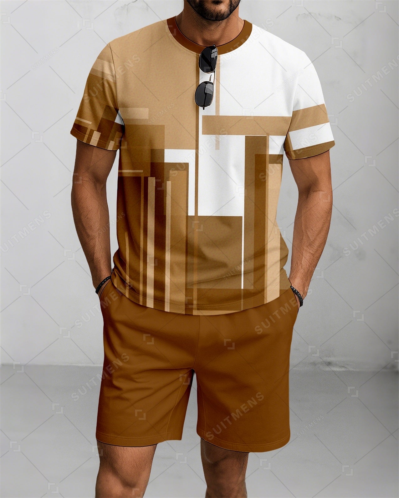 Men's Summer Colorblock Printed Round Neck Suit 085