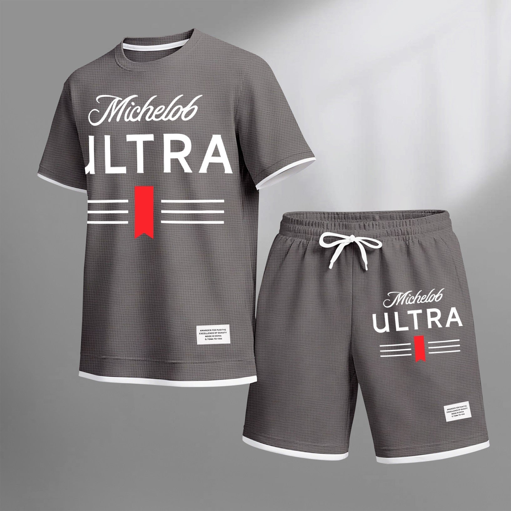 Men's vintage beverage print drawstring shorts set, suitable for spring and summer wear. This casual summer set includes a short-sleeved shirt and shorts, perfect for everyday wear and sports. Two-piece set design.