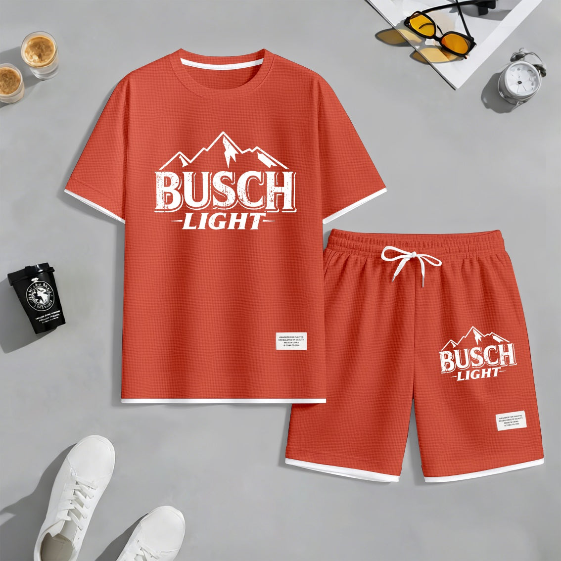 Men's Rocky Mountains Print Waffle Fabric Short-Sleeved Shirt And Shorts Set