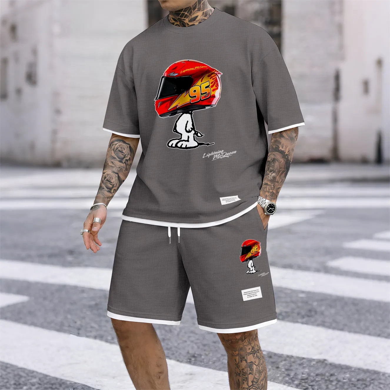 Men's Classic Racing Print Waffle Fabric Short-Sleeved Shirt And Shorts Set