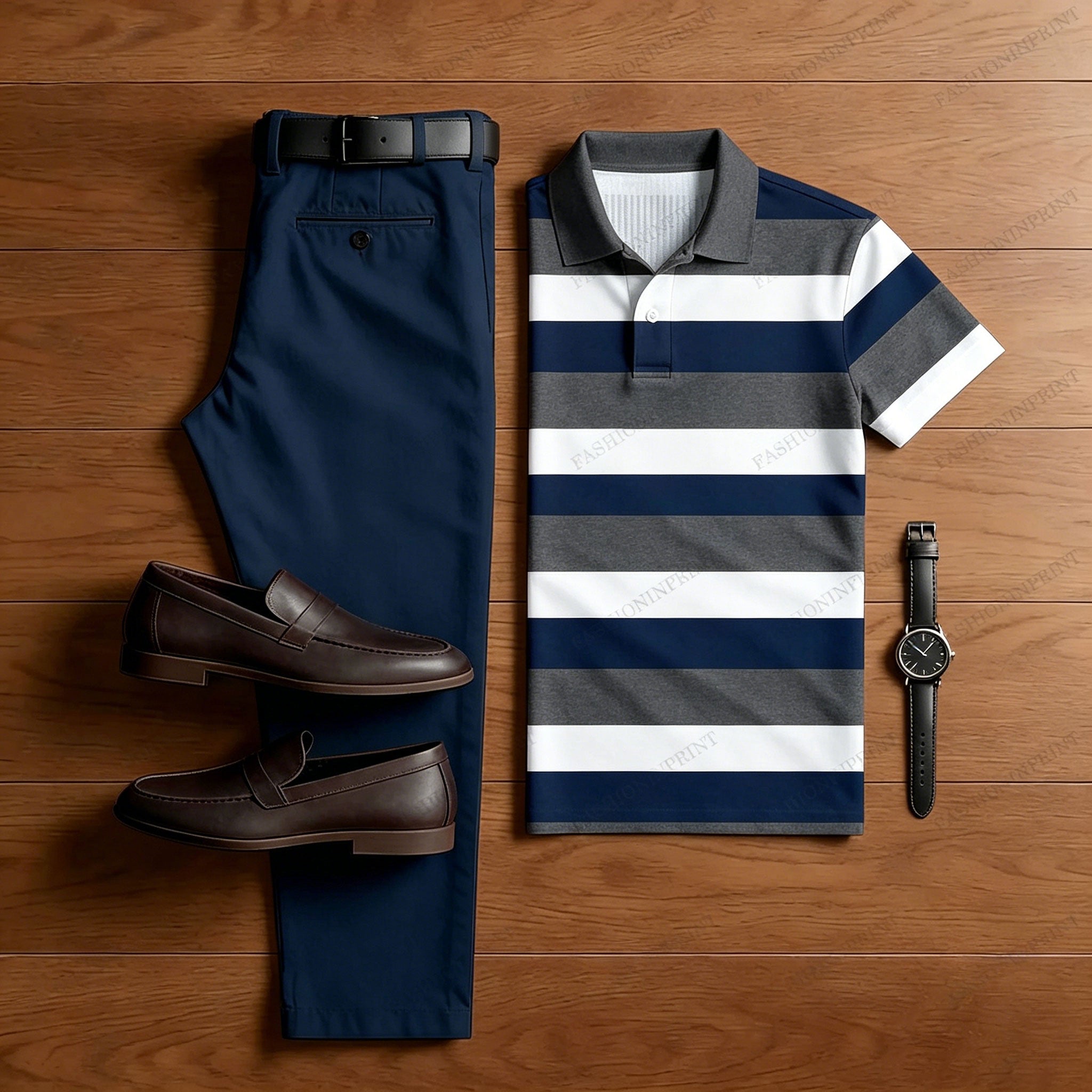 Men's Casual Yellow & Royal Blue & White Color Matching Striped Printed Short Sleeved Polo Shirt & Trousers Two-Piece Set 201680