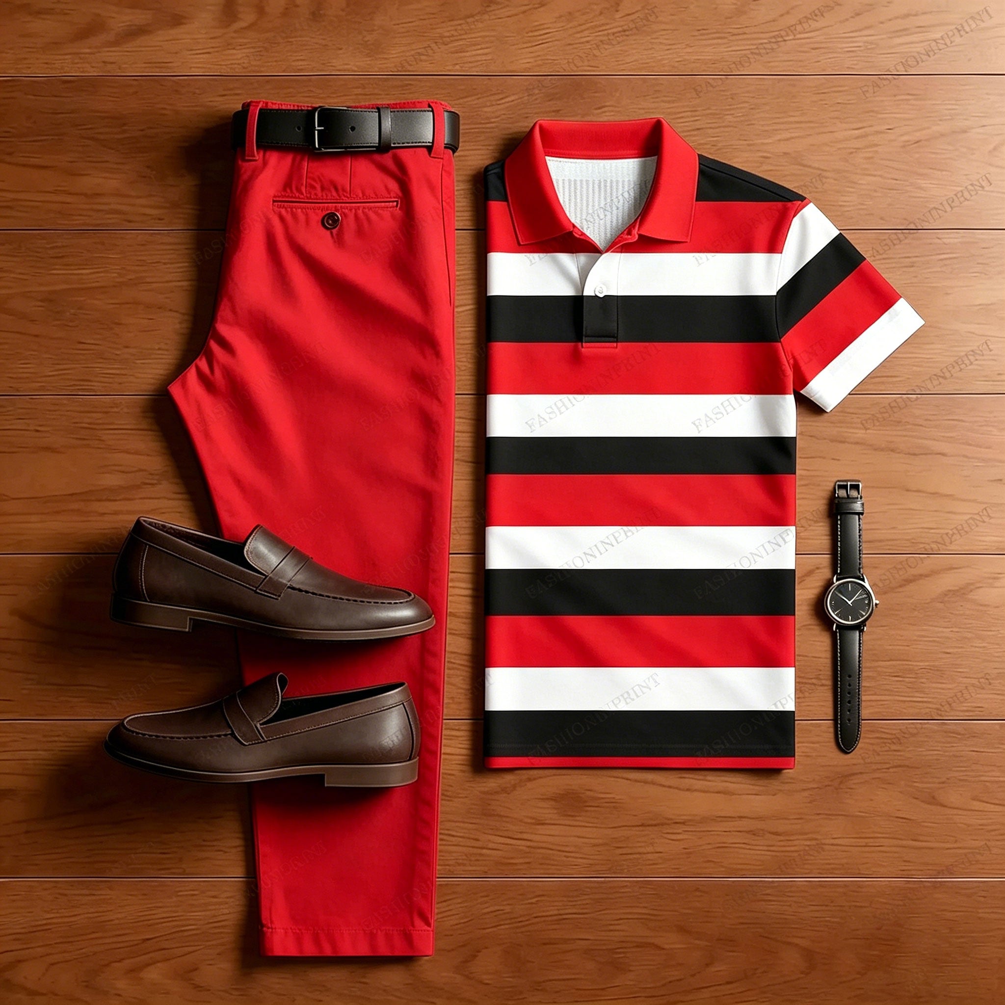 Men's Casual Yellow & Royal Blue & White Color Matching Striped Printed Short Sleeved Polo Shirt & Trousers Two-Piece Set 201680