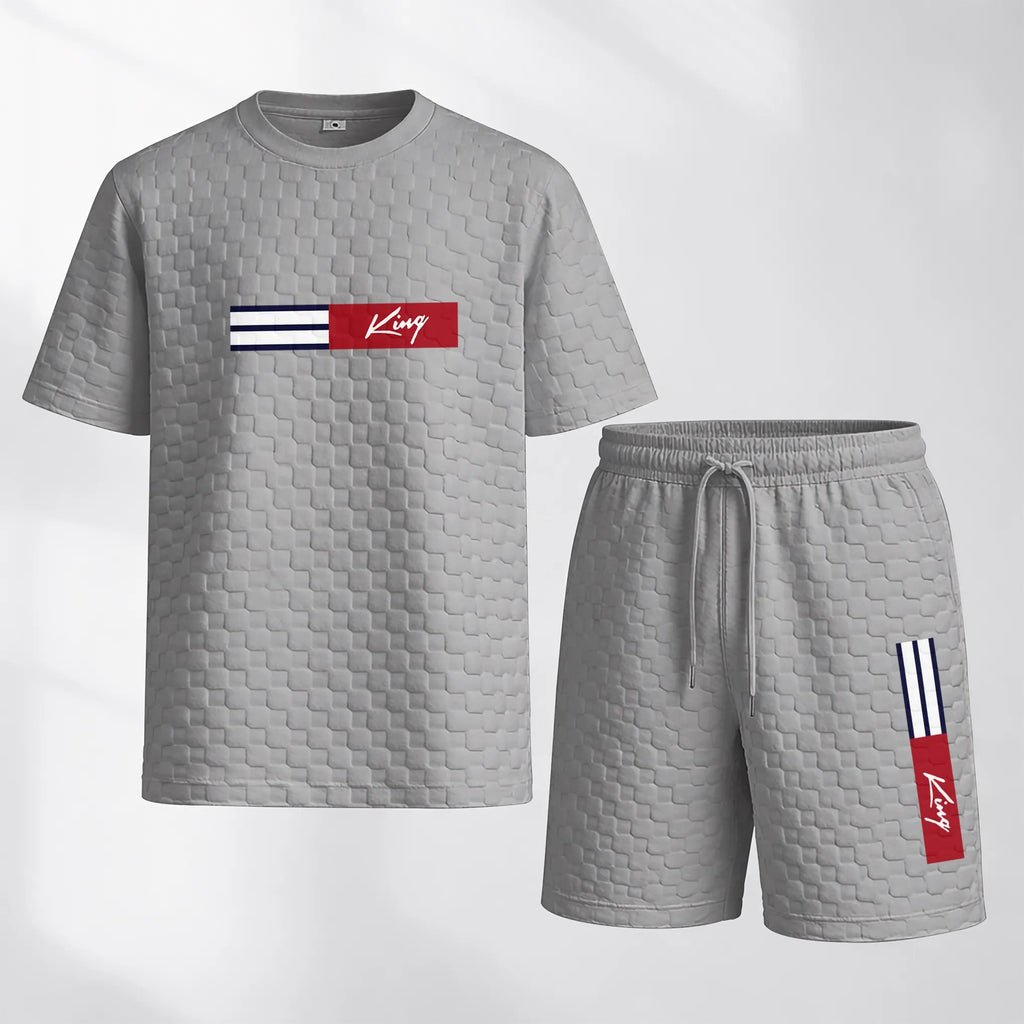 Men's Spring and Summer 'King' Letter Print Checkered Fabric Drawstring Shorts Set, Casual Summer Outfit with Short-Sleeved Shirt and Shorts, Ideal for Everyday Wear and Sports Activities