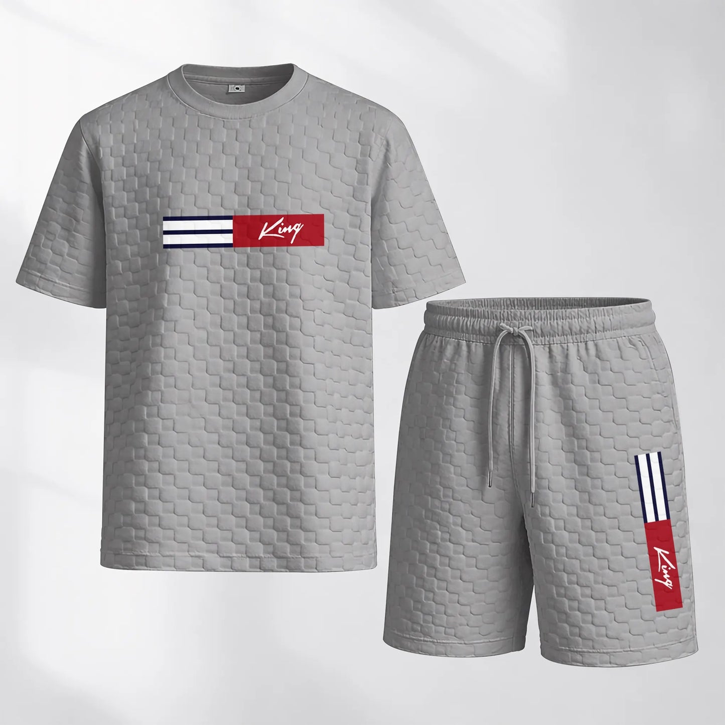 Men's Spring and Summer 'King' Letter Print Checkered Fabric Drawstring Shorts Set, Casual Summer Outfit with Short-Sleeved Shirt and Shorts, Ideal for Everyday Wear and Sports Activities