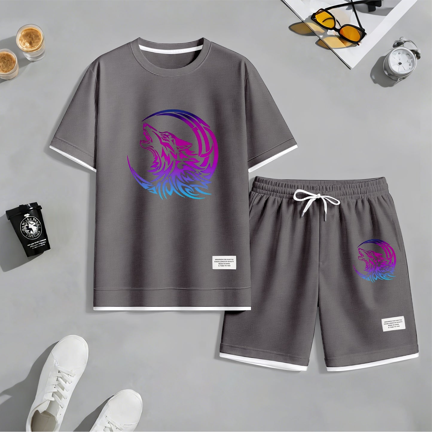 Men's Gradient Wolf & Moon Graphic Print Waffle Short Sleeve T-Shirt & Shorts Set, Summer Lightweight Sporty Casual Two-Piece Outfit, Streetwear for Gym & Daily Wear