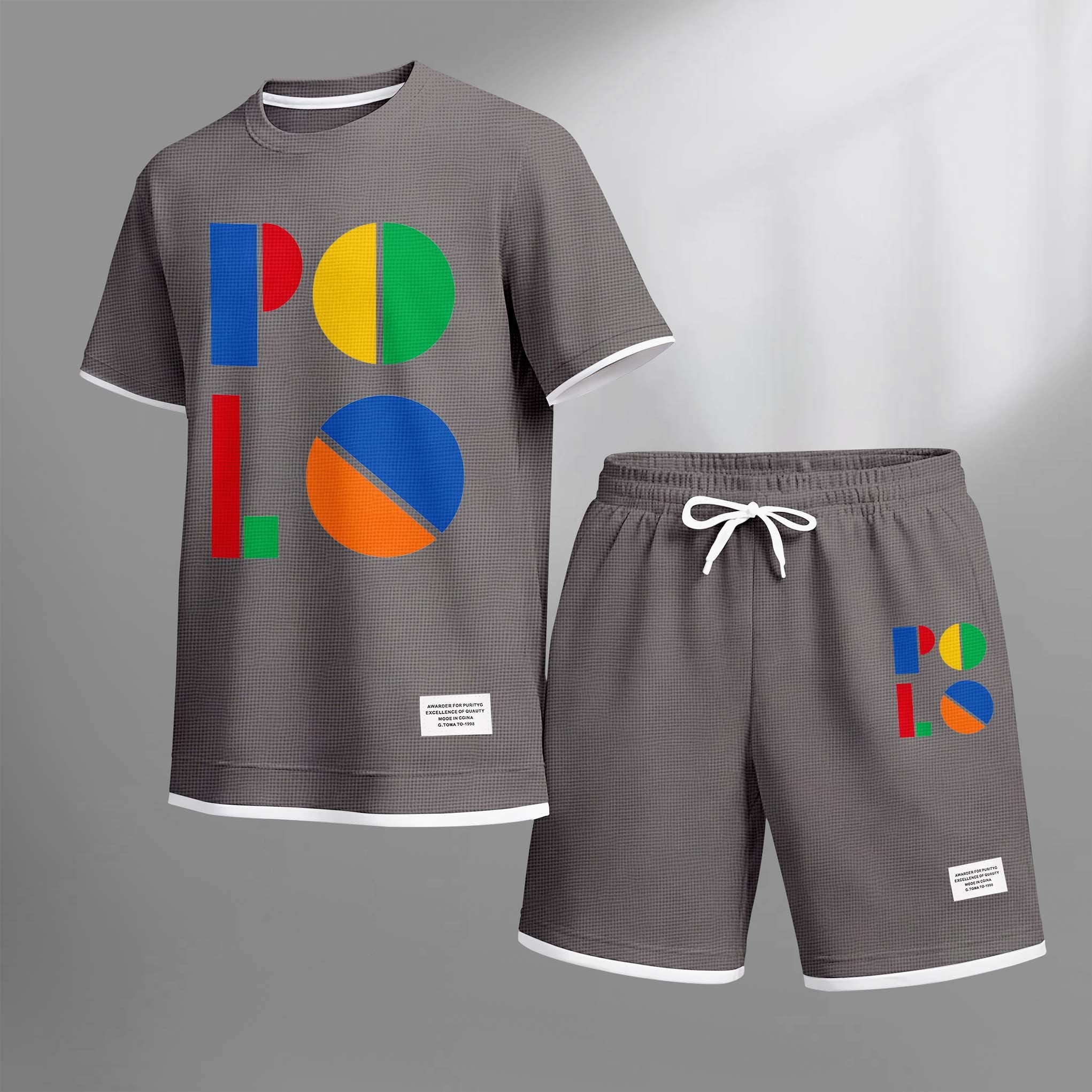 Men's Color Polo Print Drawstring Shorts Set For Spring/Summer. A Casual Summer Outfit, Including A Short-Sleeved Shirt And Shorts, Suitable For Everyday Wear And Sports. A Two-Piece Set For A Relaxed And Energetic Lifestyle.