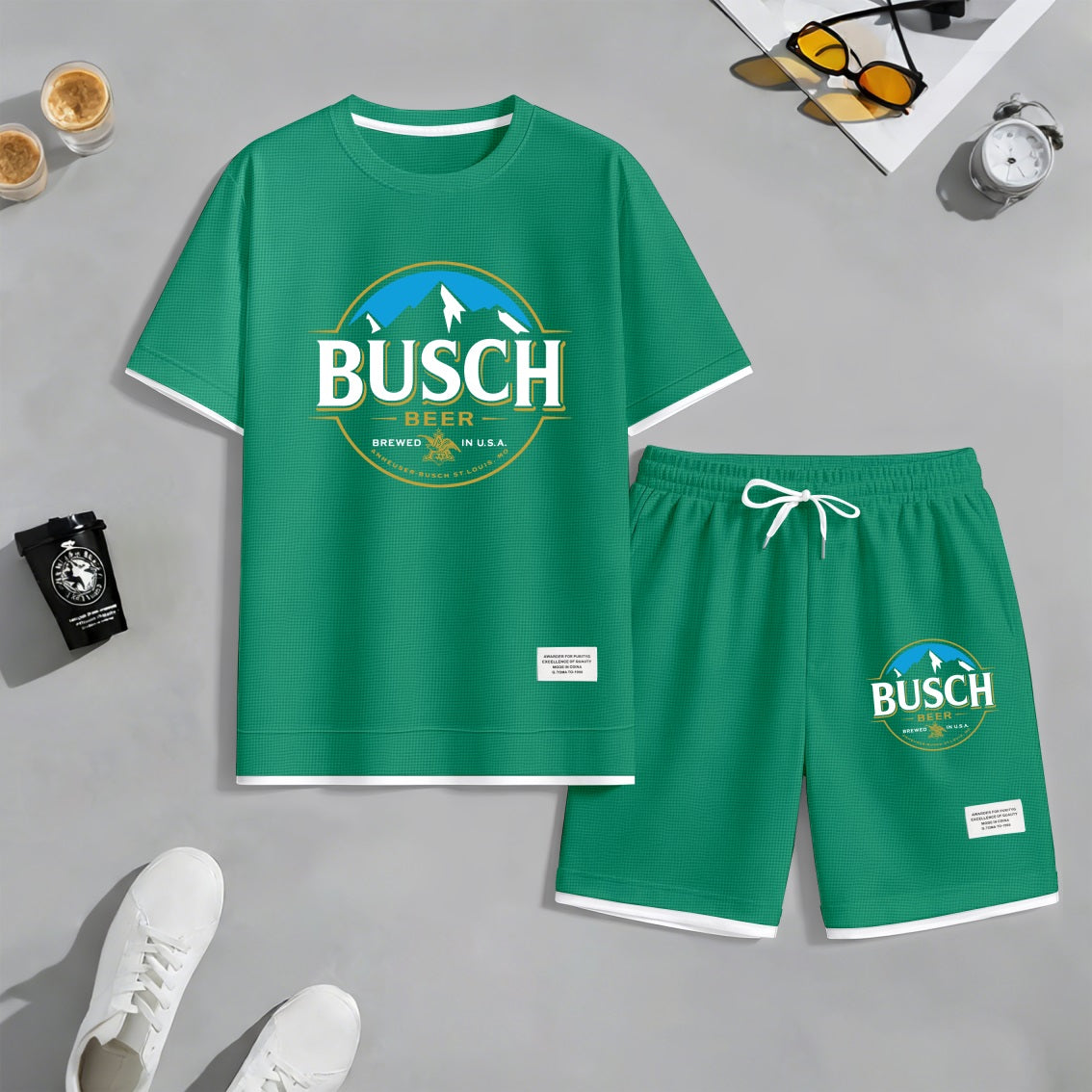 Men's Retro Draft Beer Print Waffle Fabric Short-Sleeved Shirt And Shorts Set