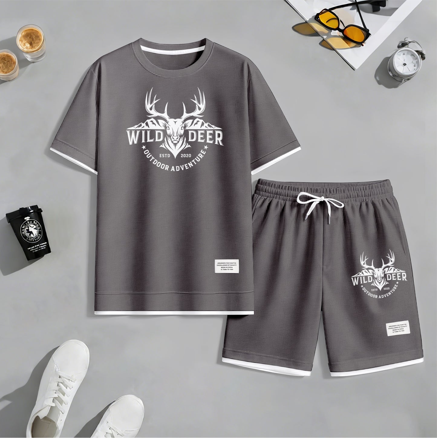 Men's Wild Deer Graphic Print Waffle Short Sleeve T-Shirt & Shorts Set, Summer Lightweight Outdoor Adventure Sporty Casual Two-Piece Outfit, Streetwear for Gym & Daily Wear