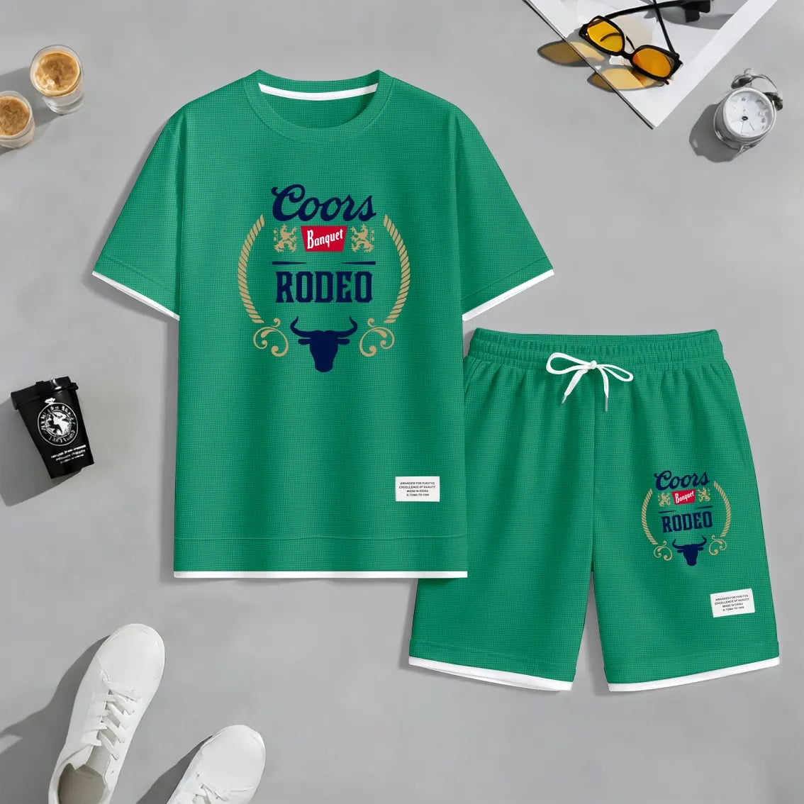 Men's American Lager Print Waffle Fabric Short-Sleeved Shirt And Shorts Set