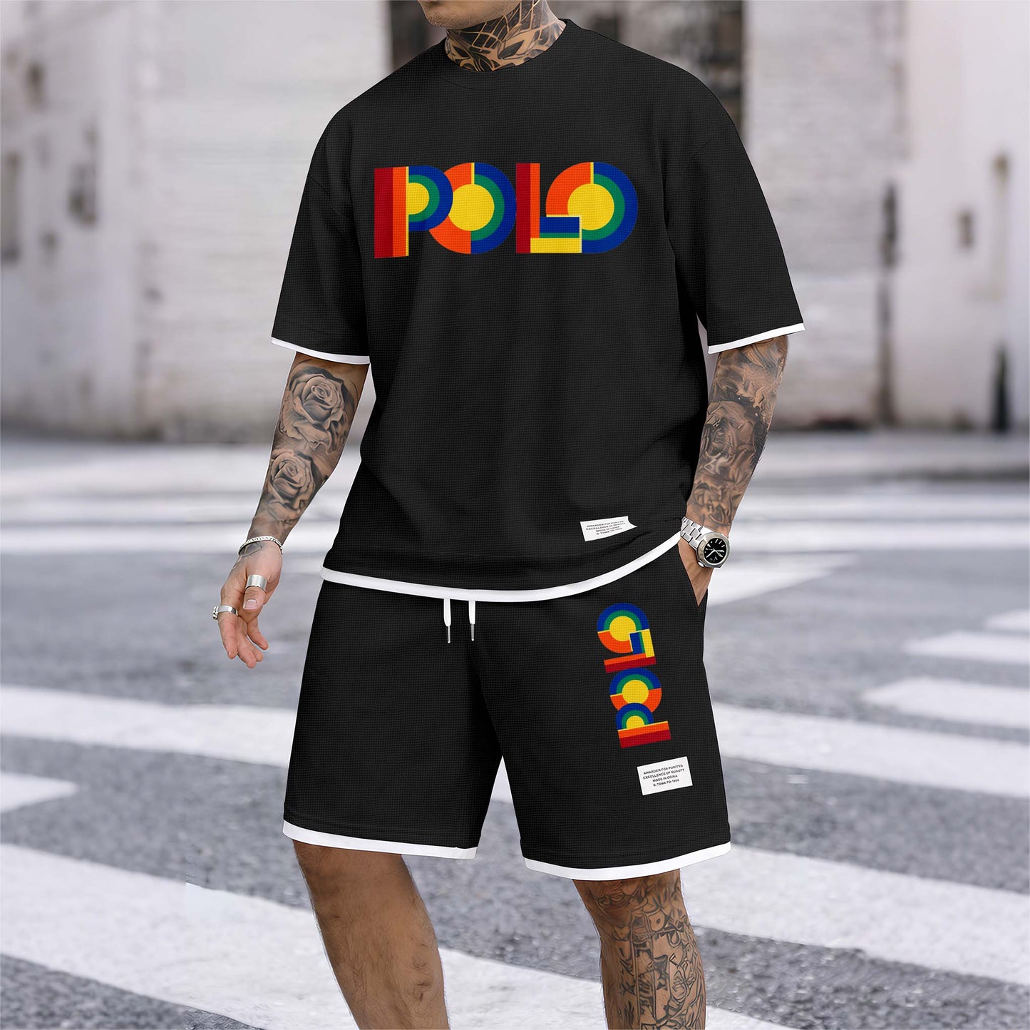 Men's Polo Print Drawstring Shorts Set For Spring/Summer. A Casual Summer Outfit, Including A Short-Sleeved Shirt And Shorts, Suitable For Everyday Wear And Sports. A Two-Piece Set For A Relaxed And Energetic Lifestyle.