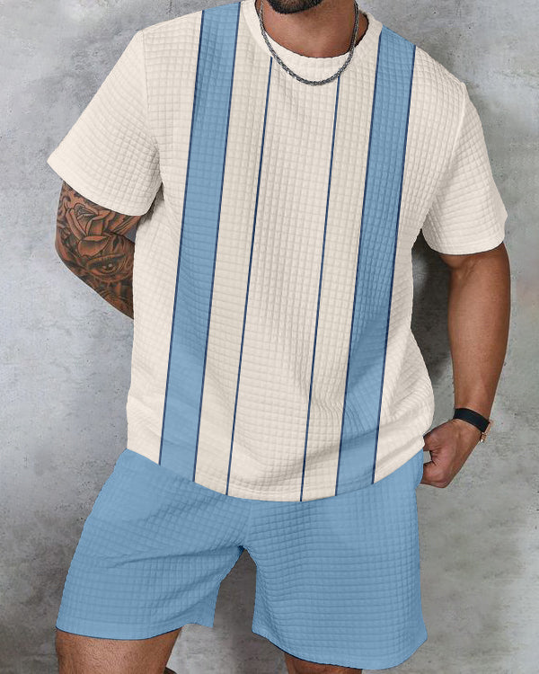 Men's textured waffle texture printed shorts Set 017