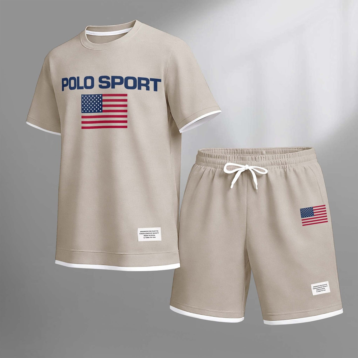 Men's Usa Polo Sport Print Drawstring Shorts Set For Spring/Summer. A Casual Summer Outfit, Including A Short-Sleeved Shirt And Shorts, Suitable For Everyday Wear And Sports. A Two-Piece Set For A Relaxed And Energetic Lifestyle.