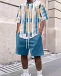 Men's Summer Colorblock Printed Round Neck Set 634