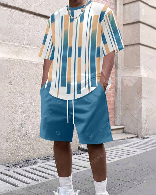 Men's Summer Colorblock Printed Round Neck Set 634