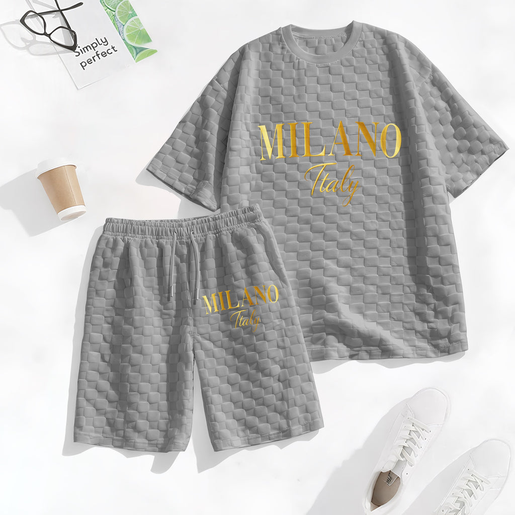 Men's Spring and Summer 'MILANO Italy' Letter Print Checkered Fabric Drawstring Shorts Set, Casual Summer Outfit with Short-Sleeved Shirt and Shorts, Ideal for Everyday Wear and Sports Activities