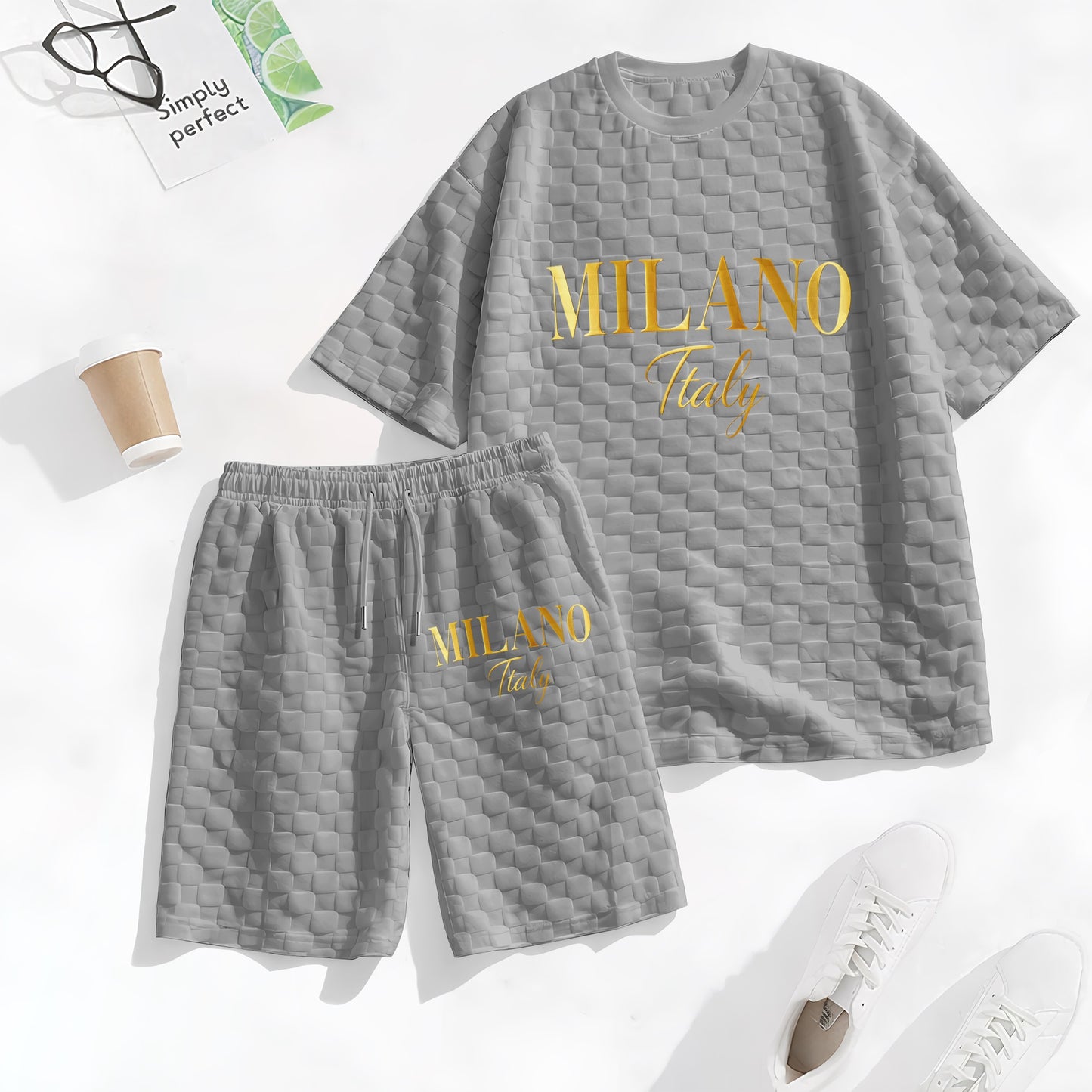 Men's Spring and Summer 'MILANO Italy' Letter Print Checkered Fabric Drawstring Shorts Set, Casual Summer Outfit with Short-Sleeved Shirt and Shorts, Ideal for Everyday Wear and Sports Activities