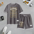 Men's Beer And Beverage Printed Drawstring Shorts Set, Suitable For Spring And Summer Wear, Casual Summer Set, Including Short-Sleeved Shirt And Shorts, Suitable For Everyday Wear And Sports 03