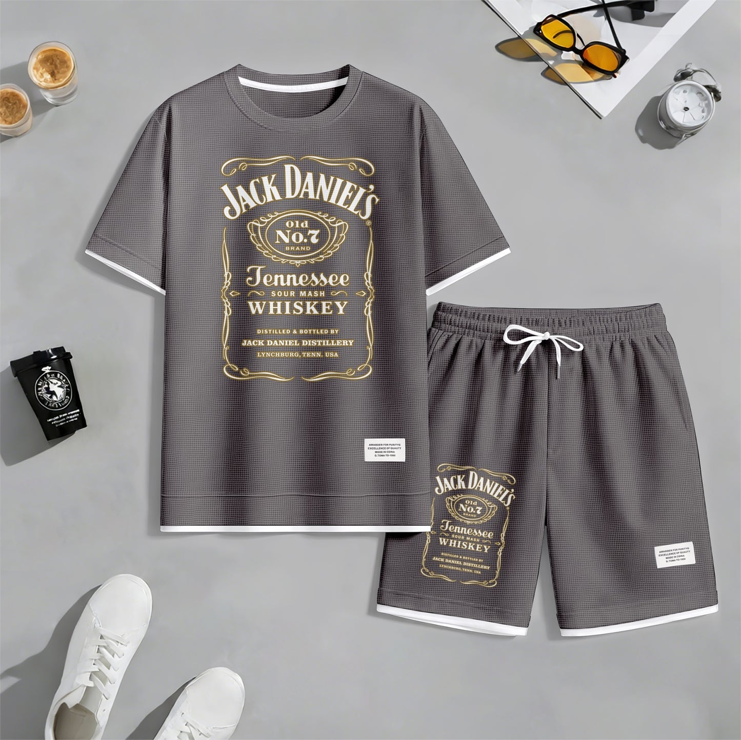 Men's Beer And Beverage Printed Drawstring Shorts Set, Suitable For Spring And Summer Wear, Casual Summer Set, Including Short-Sleeved Shirt And Shorts, Suitable For Everyday Wear And Sports 03