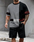 Men's Summer Colorblock Printed Round Neck Set 480