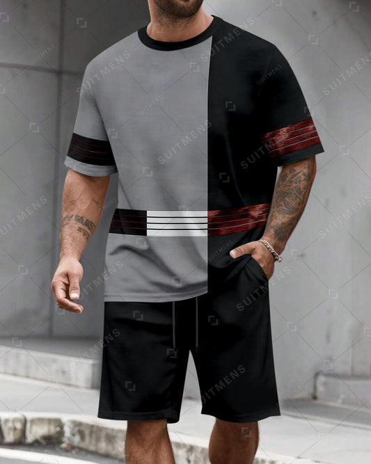 Men's Summer Colorblock Printed Round Neck Set 480