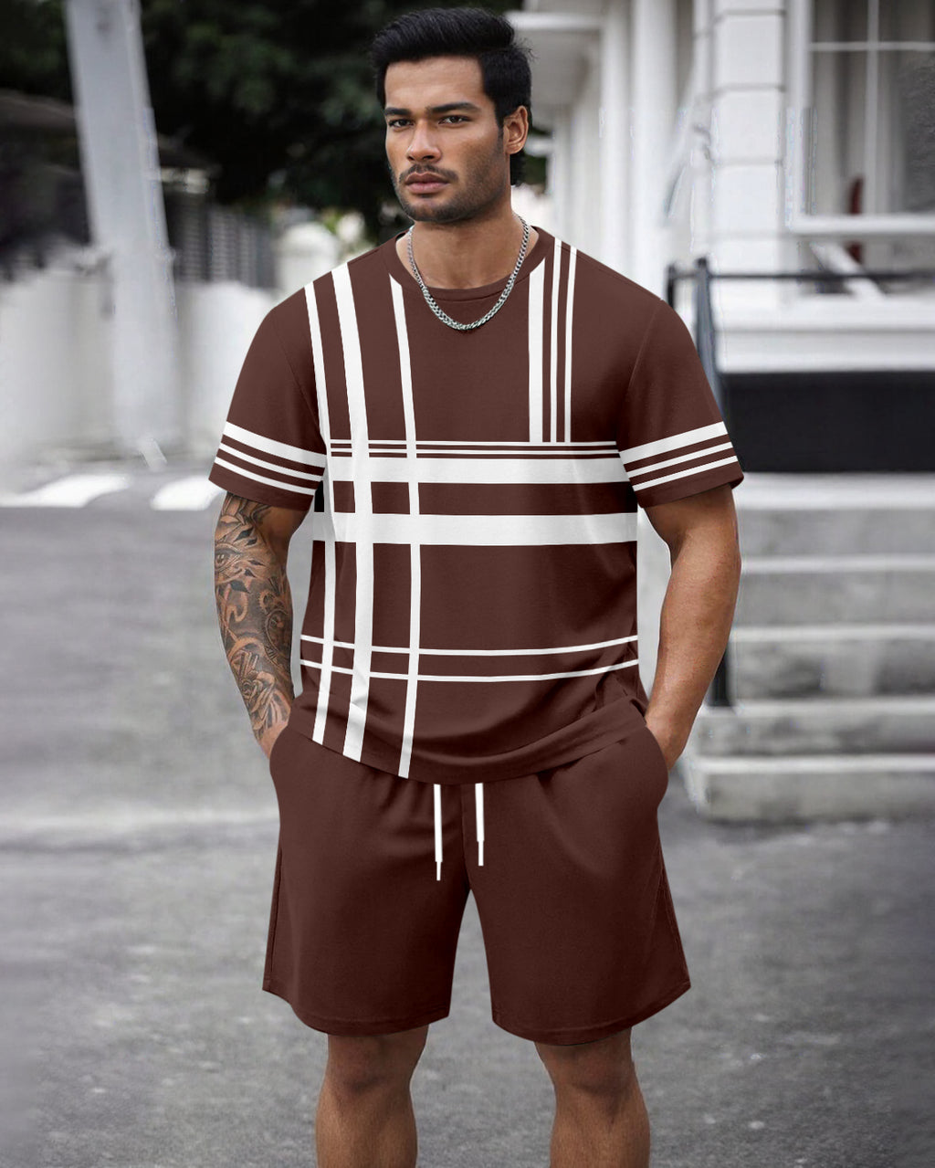 Men's Summer Colorblock Printed Round Neck Set 464