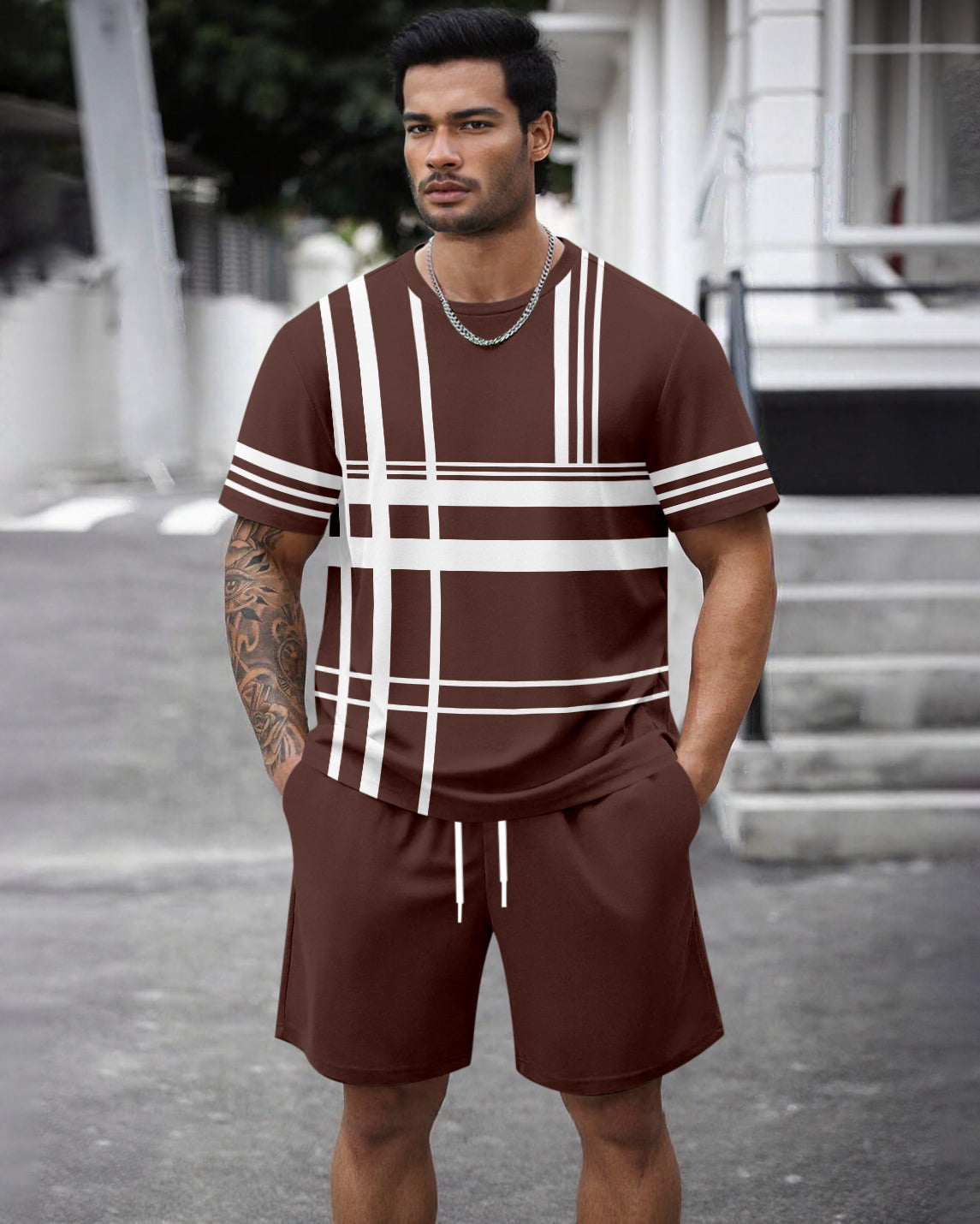 Men's Summer Colorblock Printed Round Neck Set 464